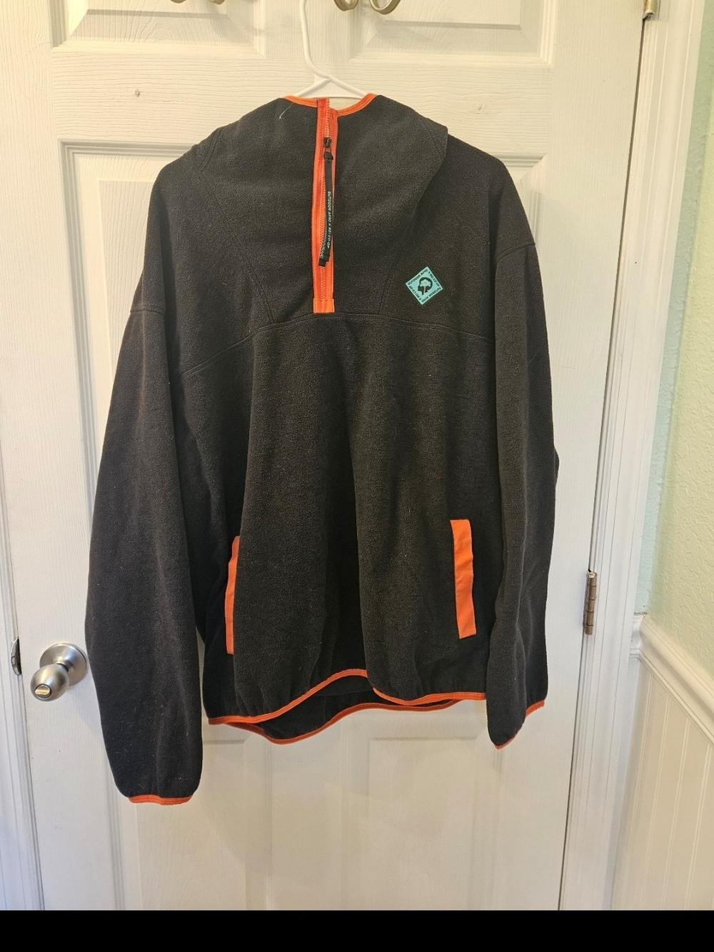 Men's Black Fleece Pullover Sweater with Orange Trim And Hoodie